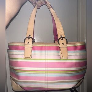 Coach Vintage Pastel Stripe Canvas Leather Diaper Bag / Large Tote w/COA